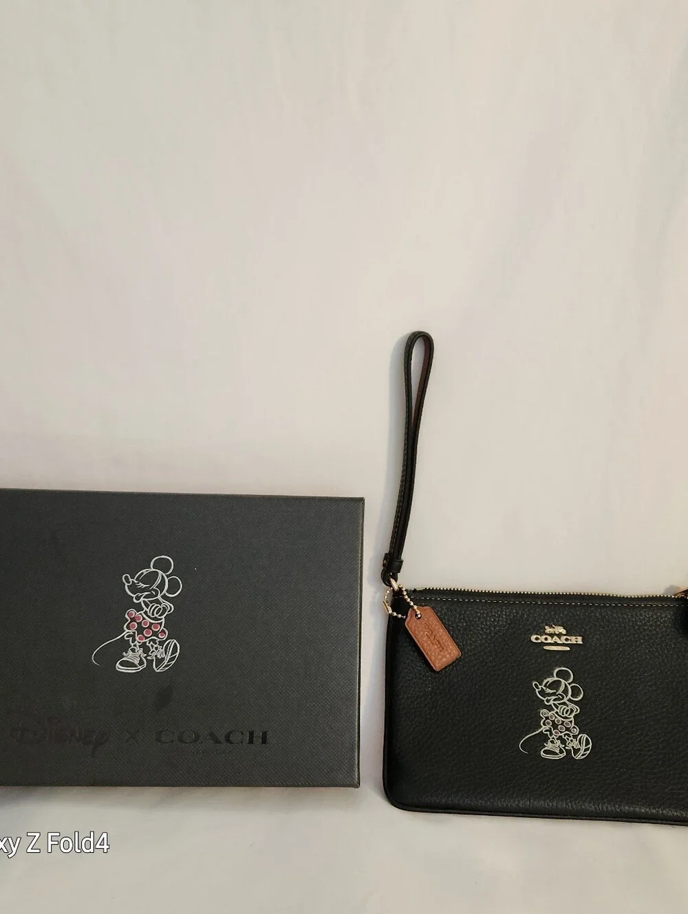 Coach Black Leather Minnie Mouse Wristlet with Gold Hardware